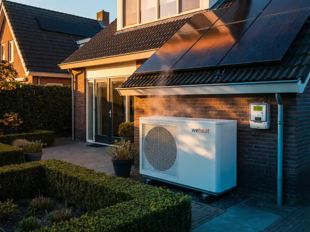 Witte Weheat warmtepomp in Nederlandse achtertuin met stoom tijdens gouden uur, zonnepanelen op dak en slimme energiemeter