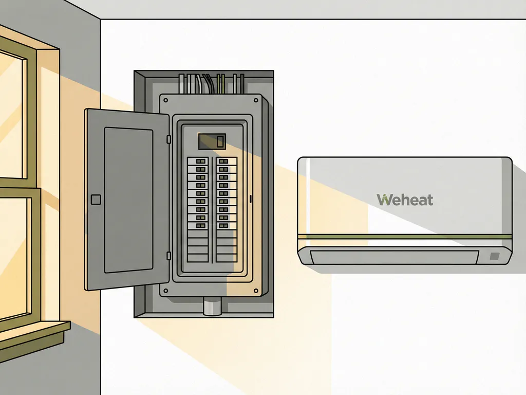 Moderne elektrische meterkast met open deur toont keurige rijen stroomonderbrekers, Weheat warmtepomp geïnstalleerd op witte muur