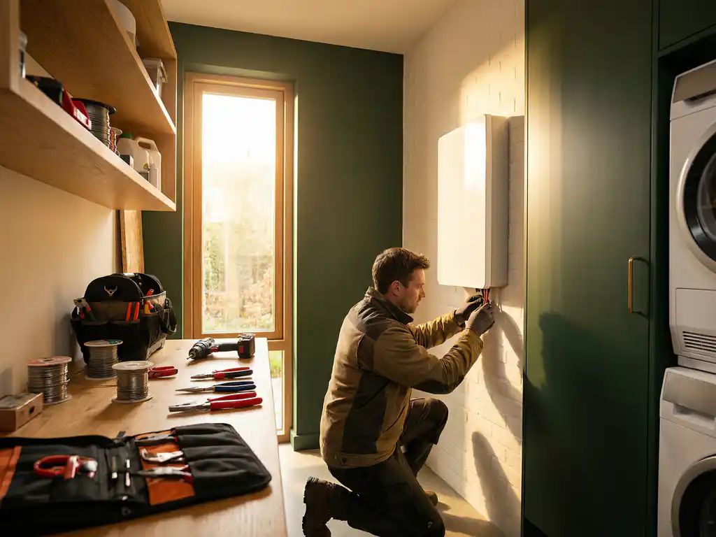 Technicus installeert witte thuisbatterij aan muur in moderne Nederlandse bijkeuken met gereedschap op werkbank